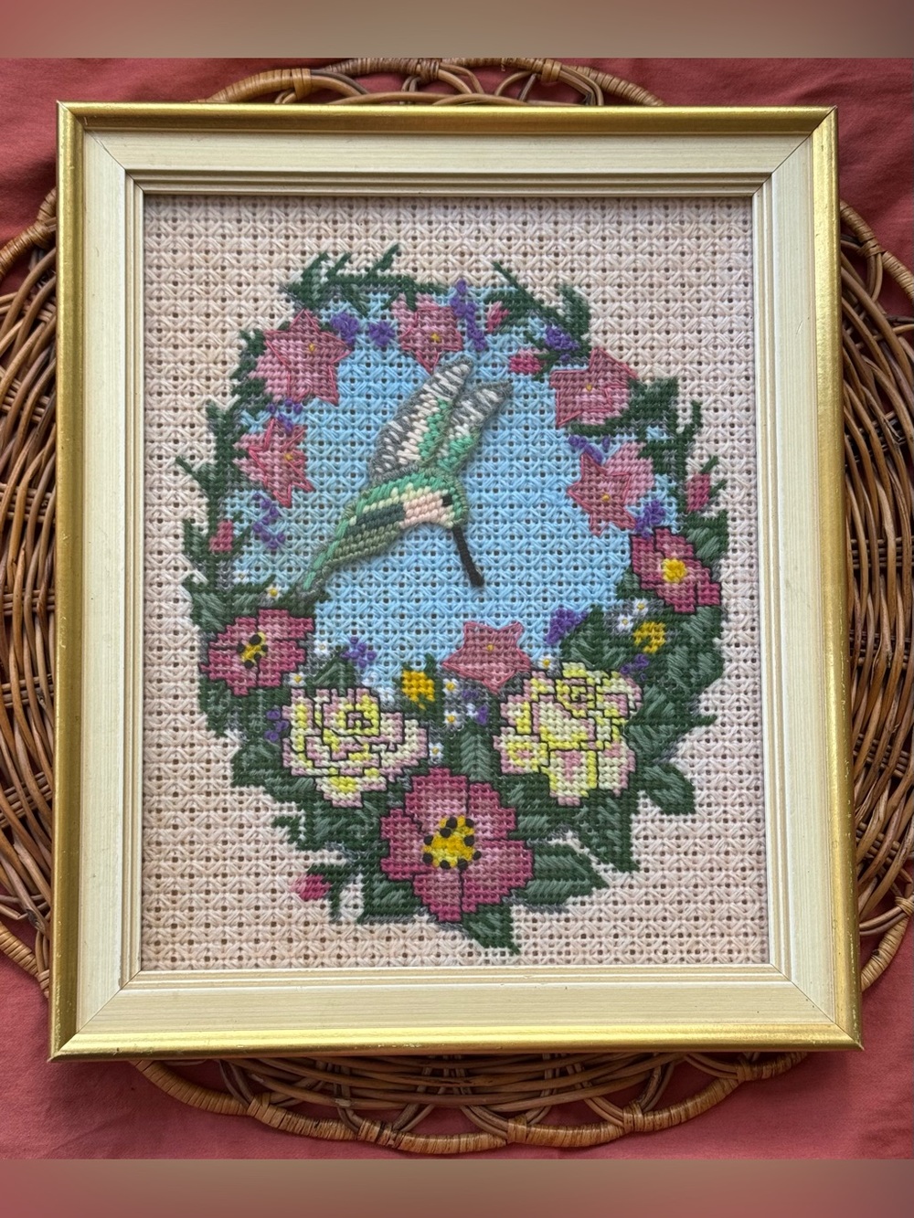 Vintage Crewel Hummingbird Needle point Cottage Core Wall Decor cross stitch